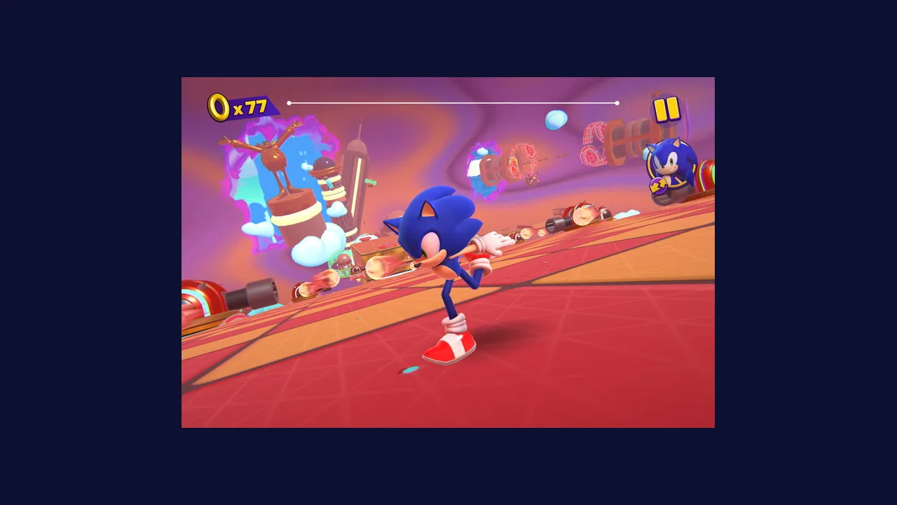 Sonic Dream Team press screenshot of Sonic sprinting along a red dream track with rings ahead