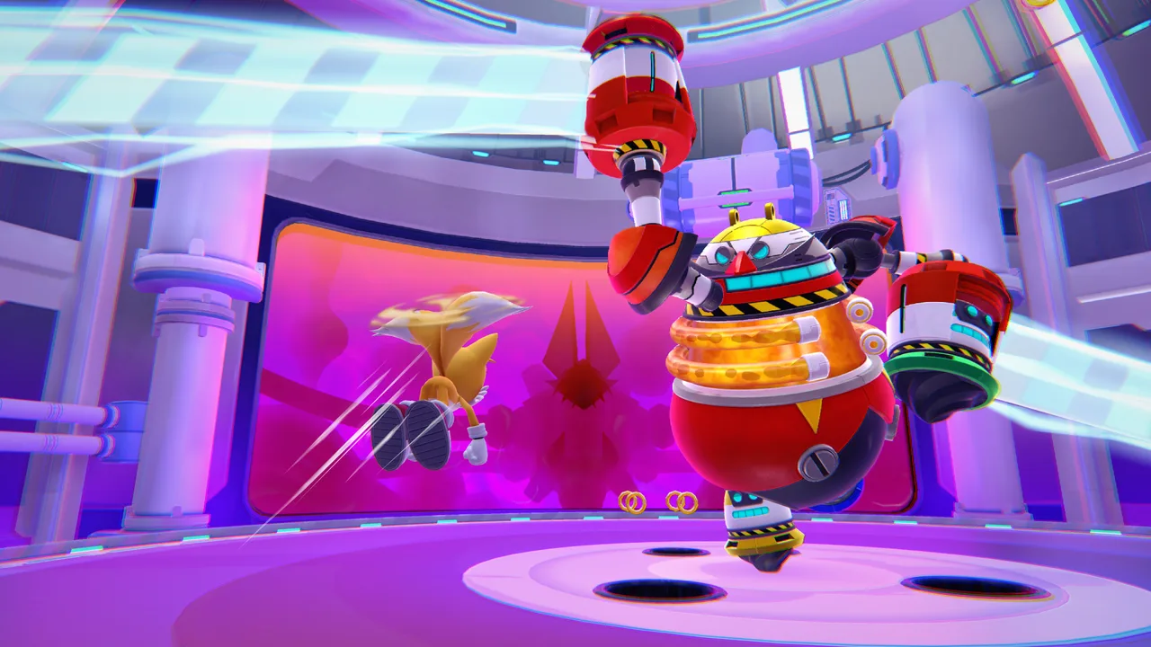 Sonic Dream Team gameplay screenshot of a boss arena with Eggman machinery filling the screen