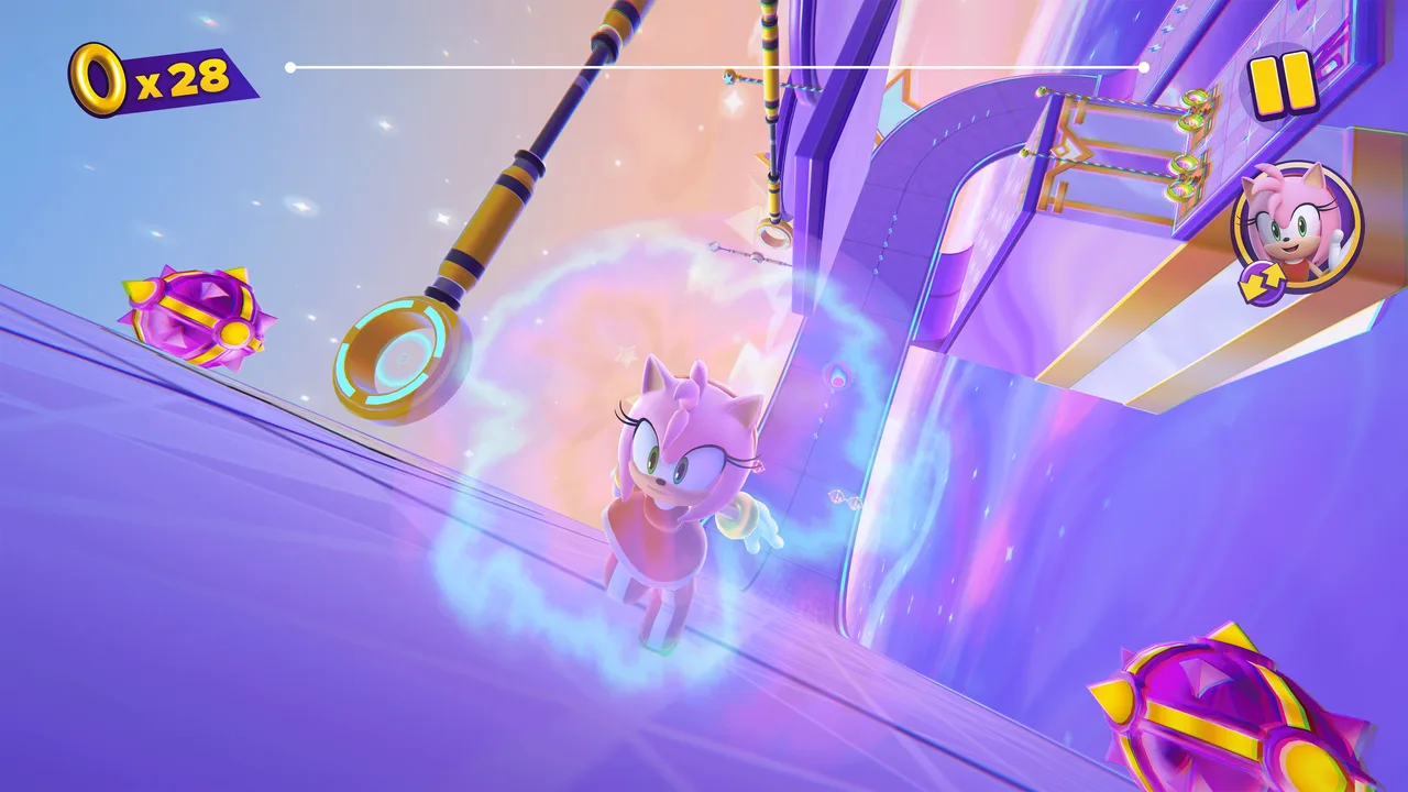 Sonic Dream Team gameplay screenshot on a large TV style display with wide dream scenery