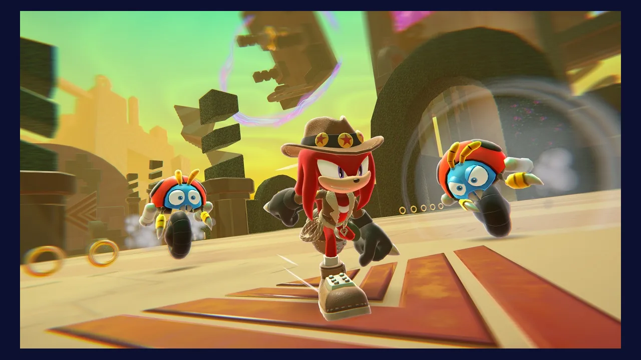 Sonic Dream Team gameplay screenshot of Sonic boosting along a fast rail line