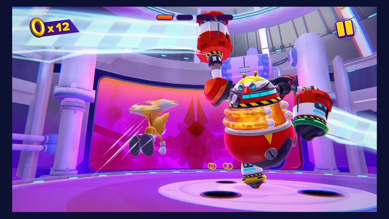 Sonic Dream Team gameplay screenshot of a wall run above a twisted dream landscape