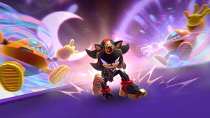 Sonic Dream Team gameplay screenshot of Sonic sprinting along a red dream track