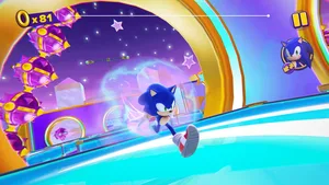 Sonic Dream Team gameplay screenshot of a high speed run through a bright dream world